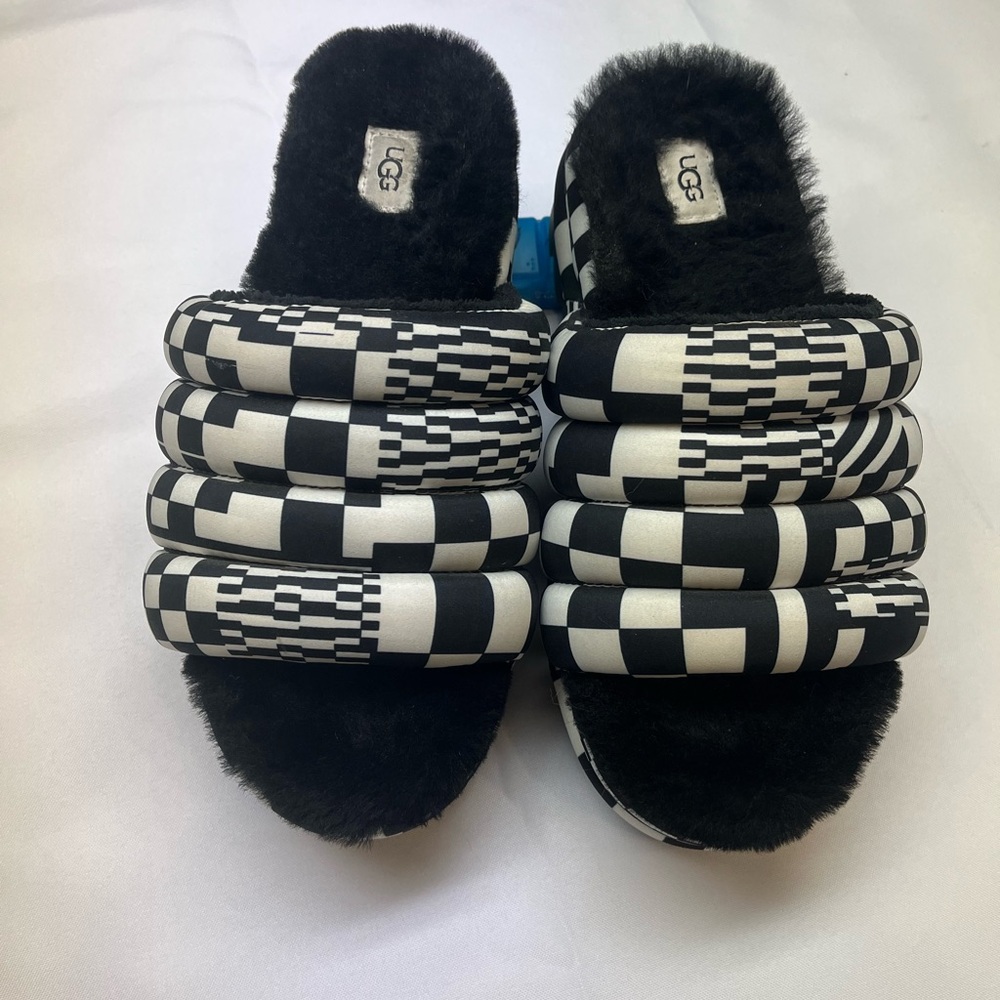 UGG Black and White Checkerboard Puffer Slide Slippers